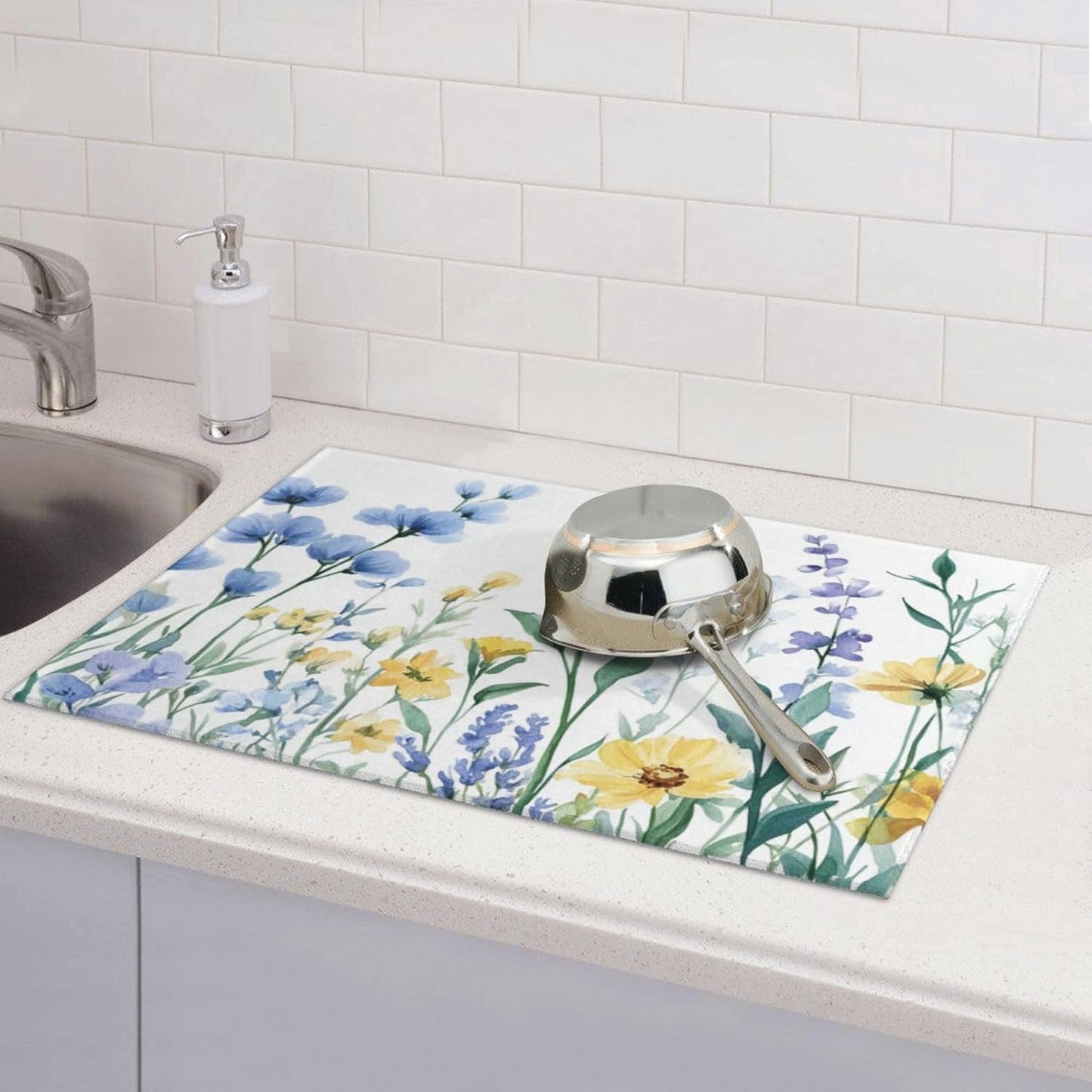 Dish Drying Mat for Kitchen Botanical Flower Watercolor Floral Counter Absorbent Dishes Drainer Microfiber Large 18x24 Inch