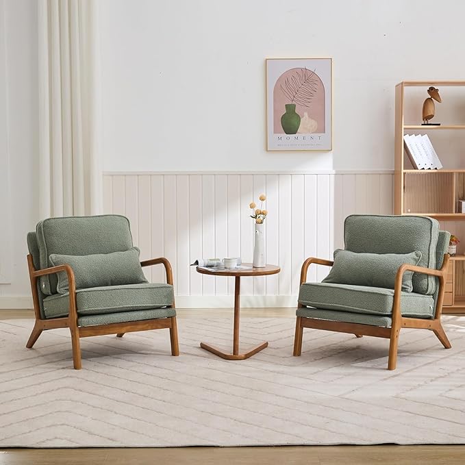 SEYNAR Mid-Century Accent Chair, Sherpa Fabric Lounge Chair with Wide Armrest,13-16.5'' Low Seat Height Armchair with Lumbar Pillow & Solid Wood Frame for Living Room, Bedroom, Balcony(Mint Green)