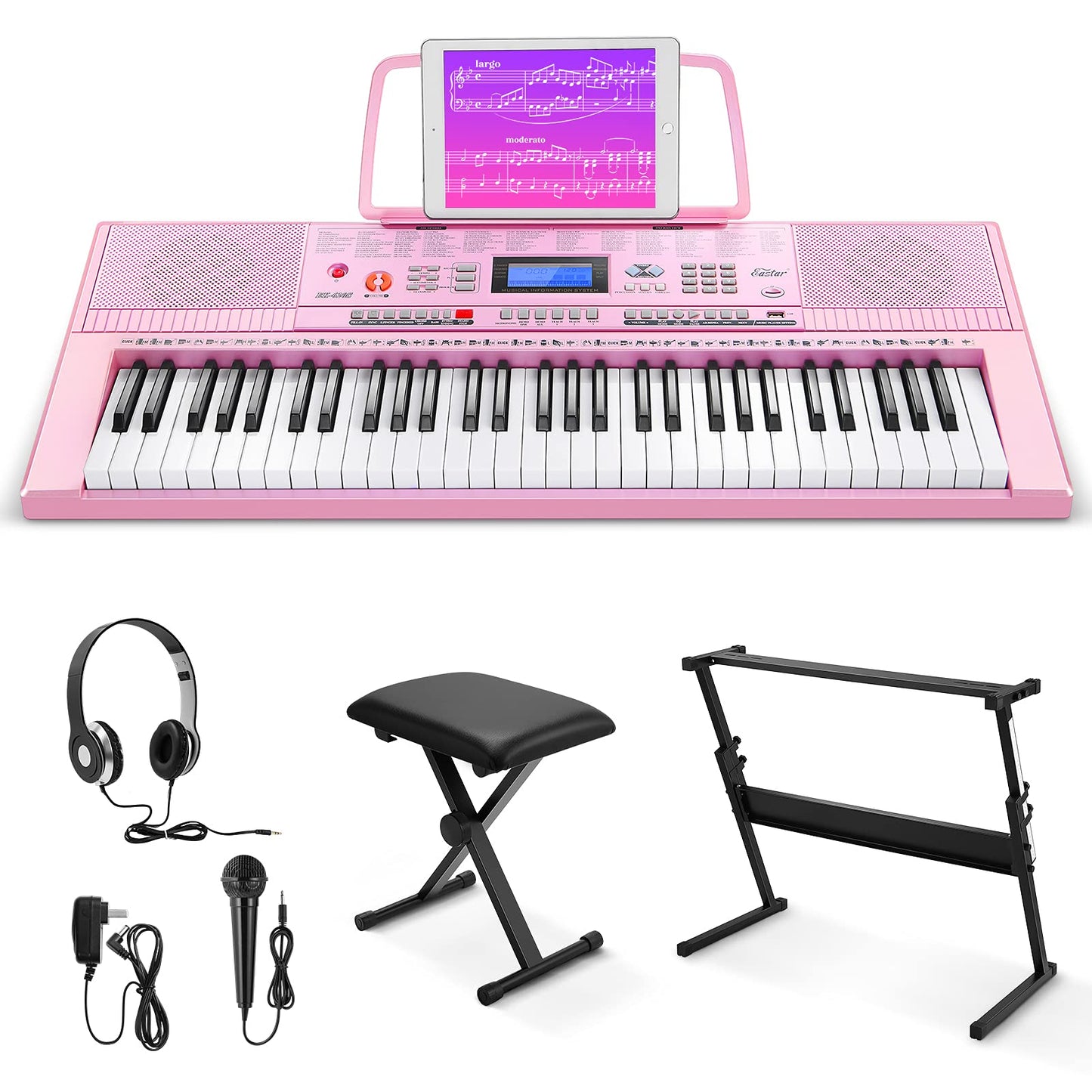 Eastar Electronic Keyboard Piano Kit 61 Key for Beginner, Children Digital E Piano with Stand, Bench, Music Stand and Microphone, Pink, Musical Instrument Birthday Gifts for Kids Girls Daughter