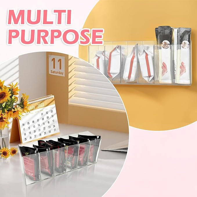 Drink Packet Organizer with Removable Divider & 6 Compartment, Mounted Water Packet Organizer with Soft Magnetic and Adhesive Sticker, Water Flavor Packet Storage for Kitchen Pantry Cabinet Fridge