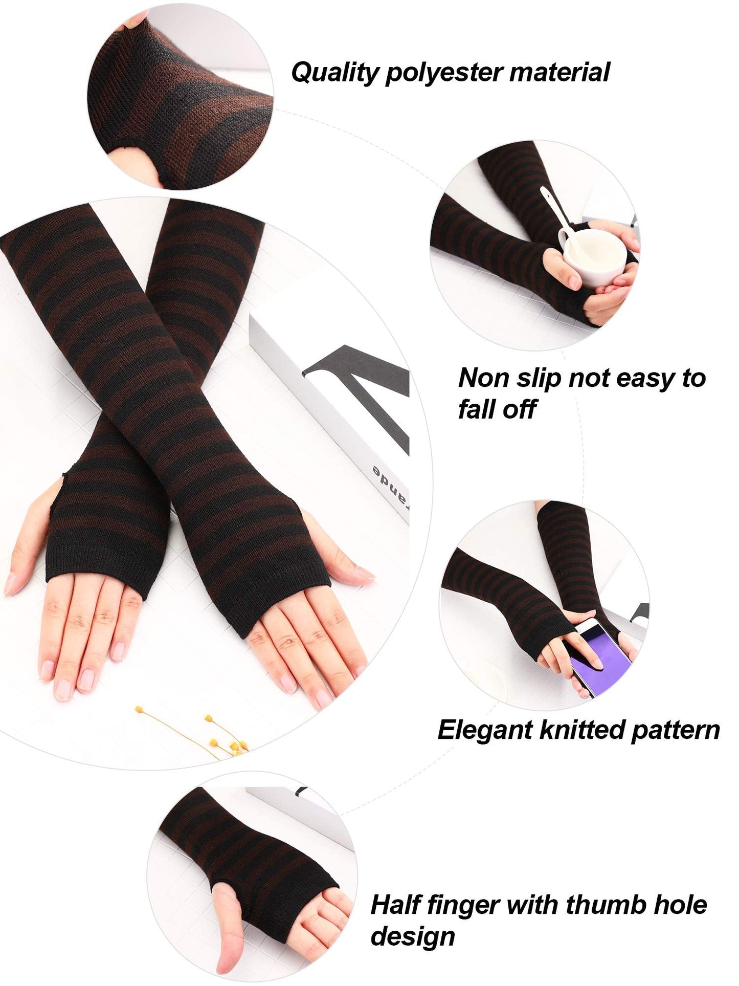 Bememo 4 Pairs Punk Gothic Long Fingerless Gloves Knitted Arm Warmer Elbow Length Thumb Hole Gloves(Black, Coffee, Striped Color)
