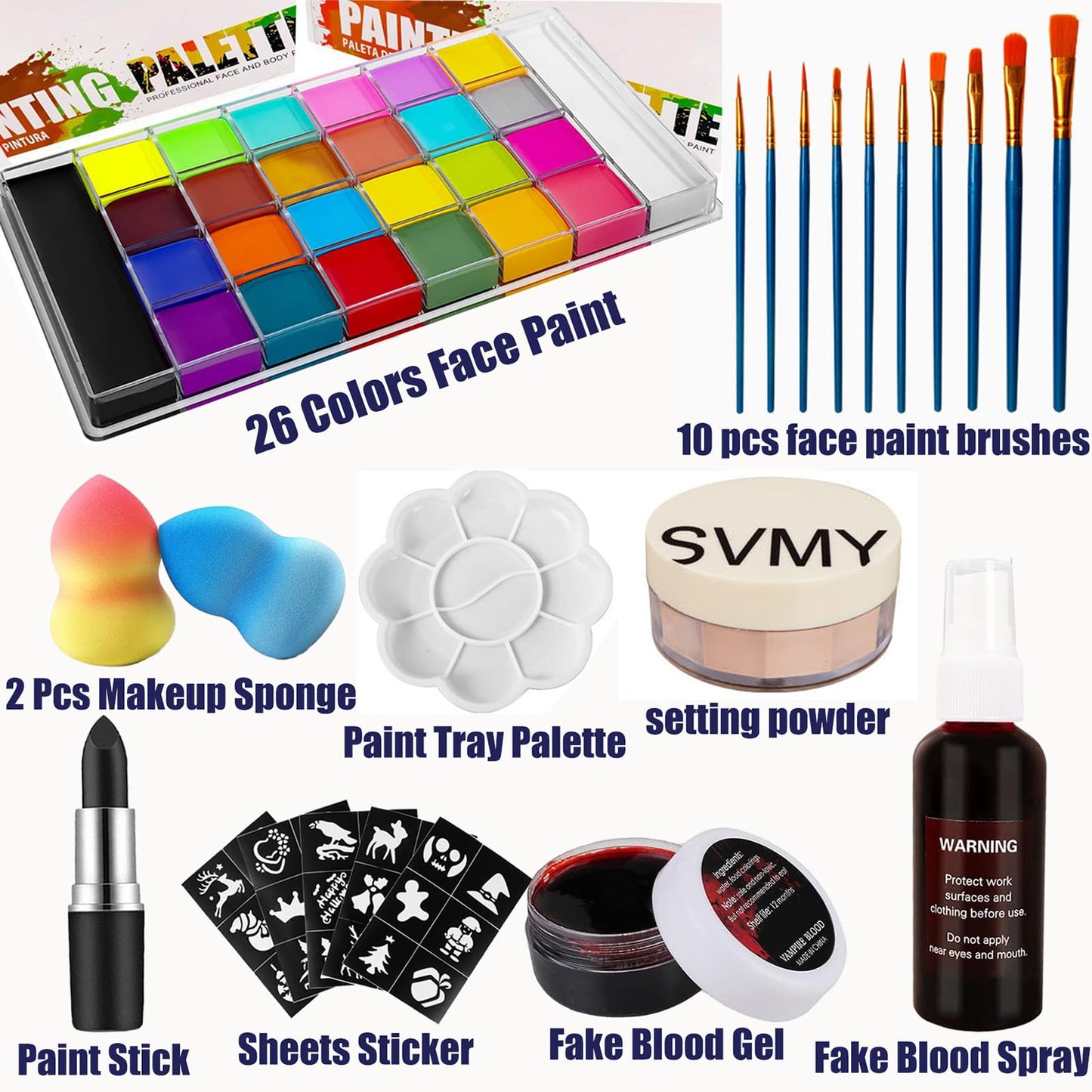 UNIFULL 26 Colors Professional Face Body Paint Kit, Oil Face & Body Paint Kit for Halloween,including 26 Colors Face Paint/Paint Stick/ Brushes/ Special Effects Sticker for Halloween/Fake Blood(Set 2)