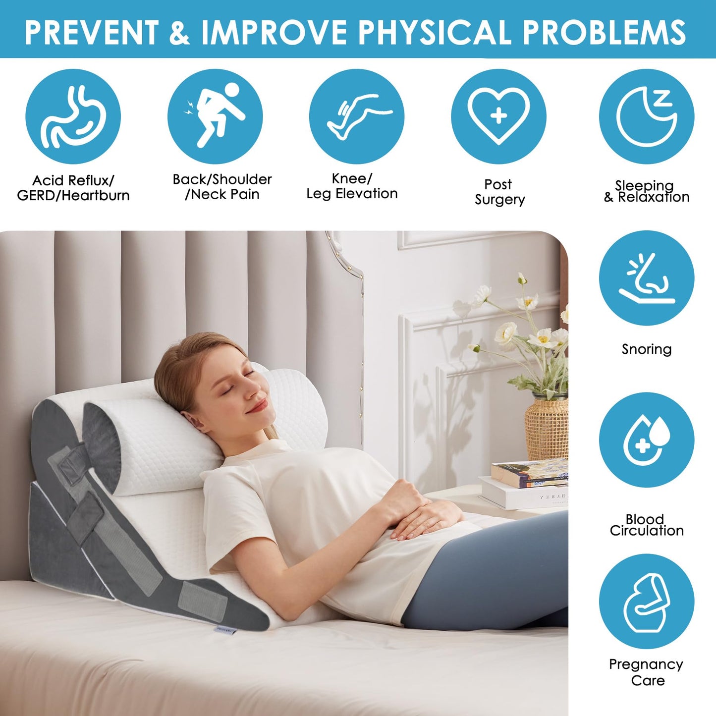 MEGCXIT 3PCS Bed Wedge Pillow for Headboard, Adjustable Wedge Pillow for Sleep Apnea, 23” Wide Triangle Pillow Wedge Set for After Surgery, Acid Reflux Relief, Snoring, Neck&Back Support, White/Grey
