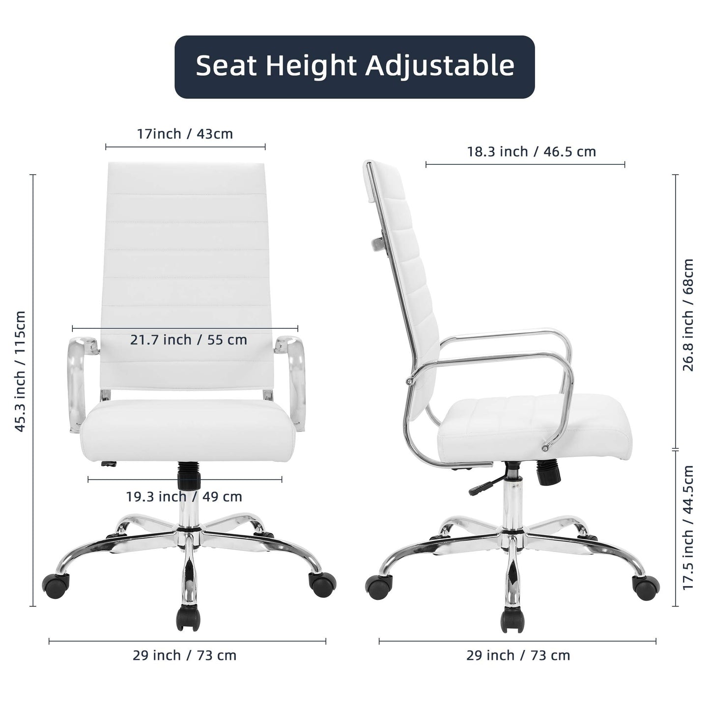 LANDSUN Home Office Chair Ribbed Leather High Back Executive Swivel Computer Desk Chairs with Wheels and Armrests Soft Padded Adjustable Height Modern Conference Chrome White