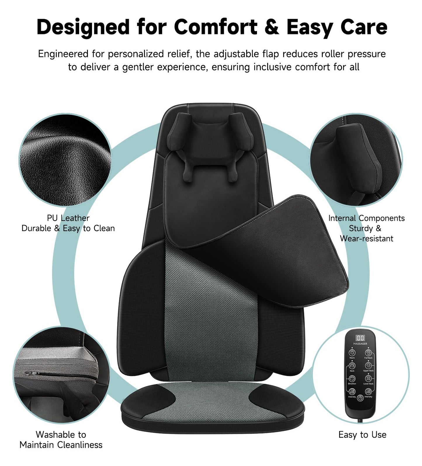 Back and Neck Massager for Chair with Heat, Shiatsu Shoulder Massage Seat Cushion with Finger-Grip Neck Kneading, Full Back Deep Tissue Rolling, Seat Pad, Adjustable Height, Office & Home Use, Black