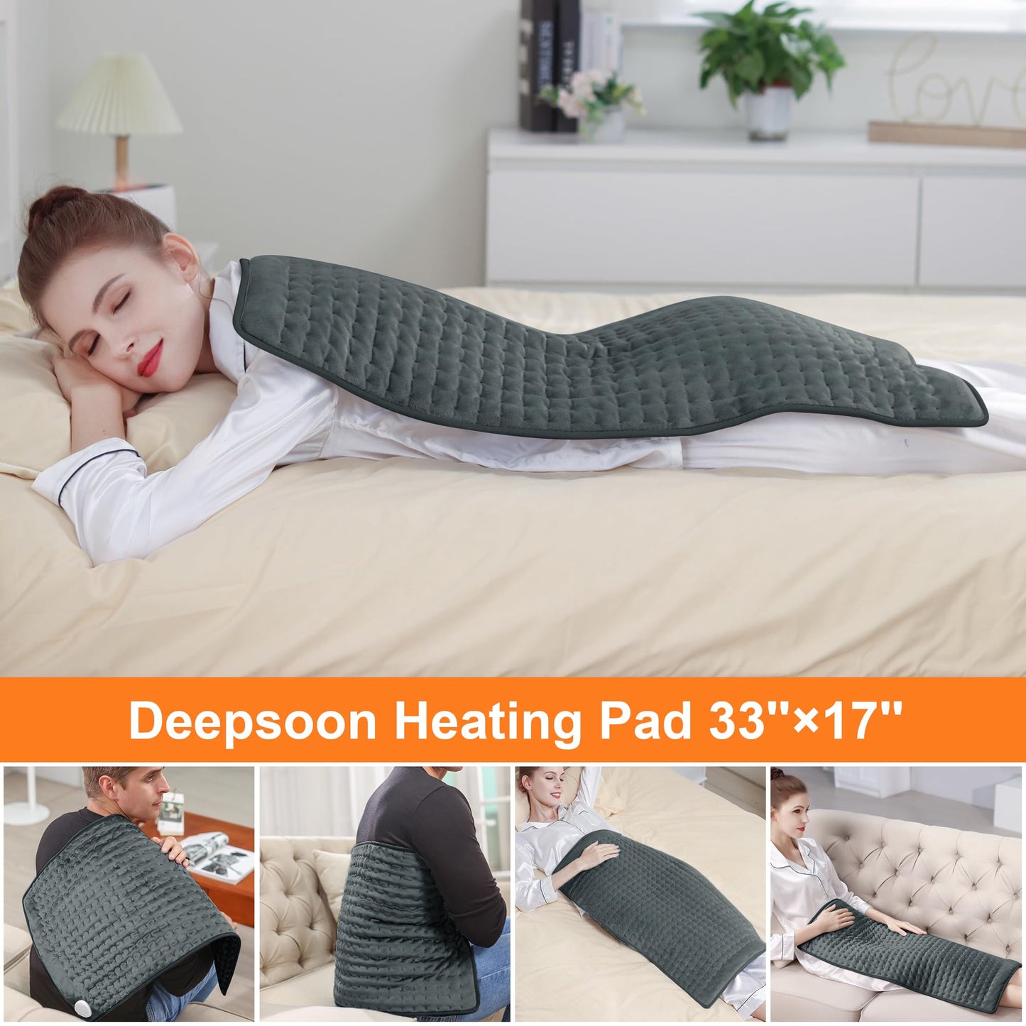Deepsoon Heating Pad,Electric Heating Pads for Back,Neck,Abdomen,Moist Heating Pad for Shoulder,Knee,Arms,Legs,Dry/Moist Heat & Auto Shut Off,Christmas Gifts for Men and Women,Dark Gray,33x17 Inch