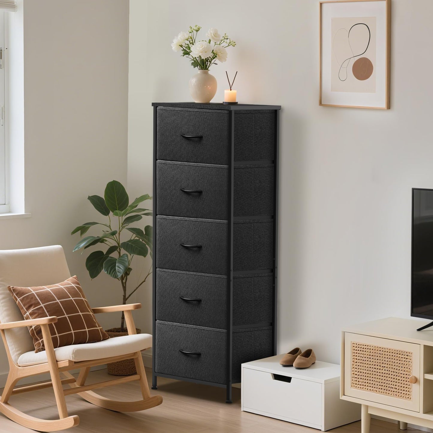 Sonharlar 5 Fabric Drawer Dresser for Bedroom, Chest of Drawers with Waterproof Wood Top Tall Dresser for Hallway, Living Room, Kid Room (Black and Charcoal Black)