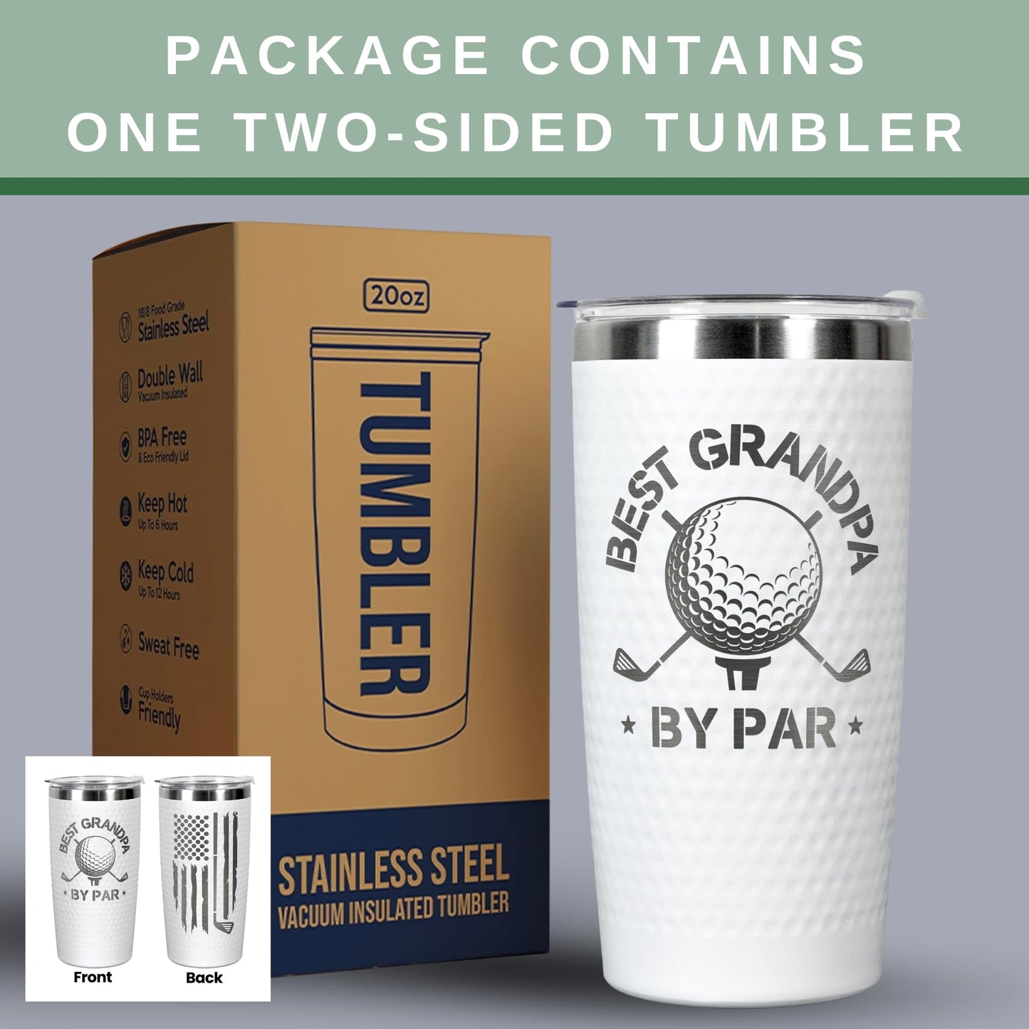 HUNIGIFT Grandpa Gifts - Fathers Day Gift for Grandpa by Par - Fathers Day Golf Gifts for Grandfather Golfer Men from Grandkids, Granddaughter, Grandson - 20 Oz Stainless Steel Tumbler