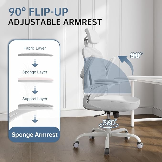 Office Chair Ergonomic Desk Chair, 330LBS Capacity, High Back Computer Chair for Long Hours Comfortable, Rolling Swivel Executive Task Chair for Home Office with Flip-up Armrests(Grey)