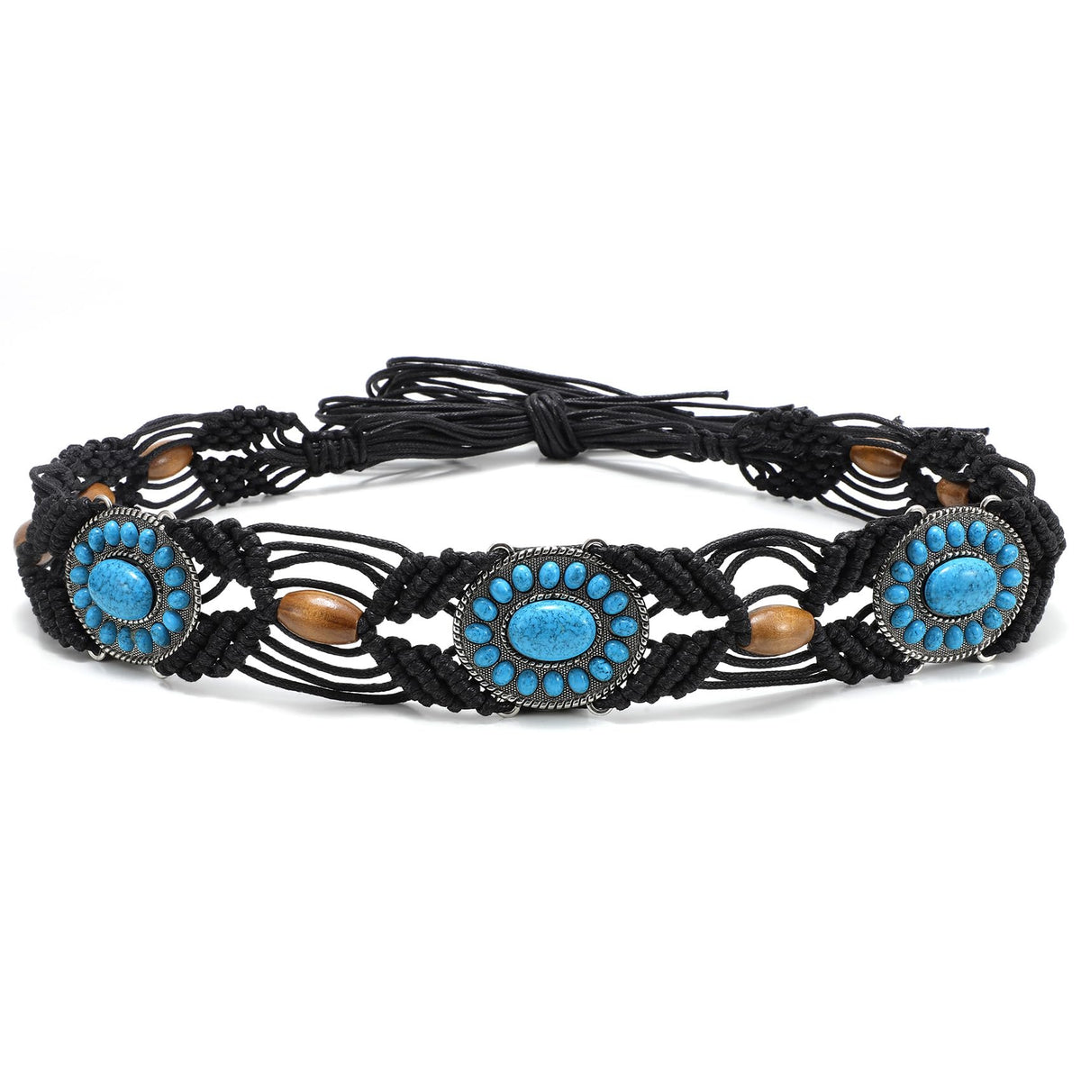 WHIPPY Boho Turquoise Belt for Women Wax Rope Braided Waist Belt Ethnic Western Hand-Woven Beaded Tassel Belts for Dress