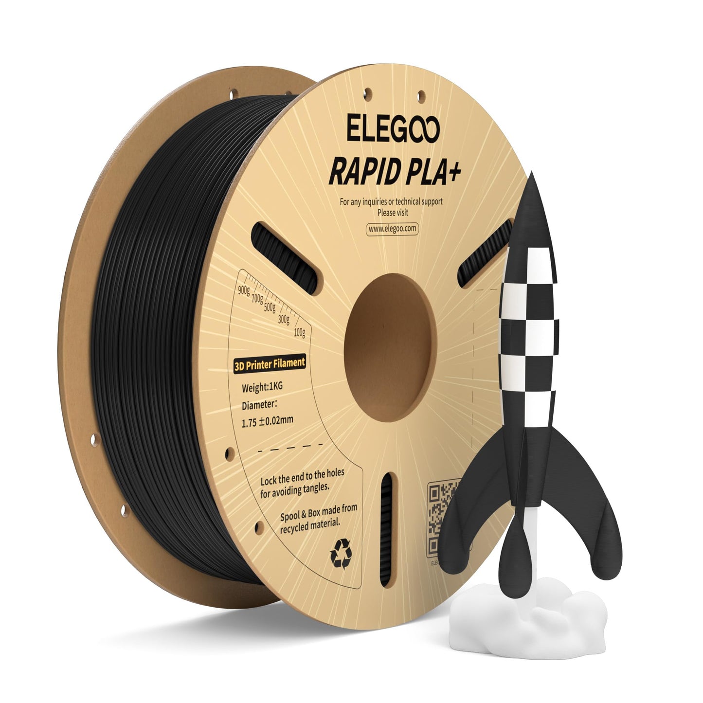 ELEGOO Rapid PLA Plus Filament 1.75mm Black 1KG, PLA+ 3D Printer Filament for 30-600 mm/s High Speed Printing, Dimensional Accur