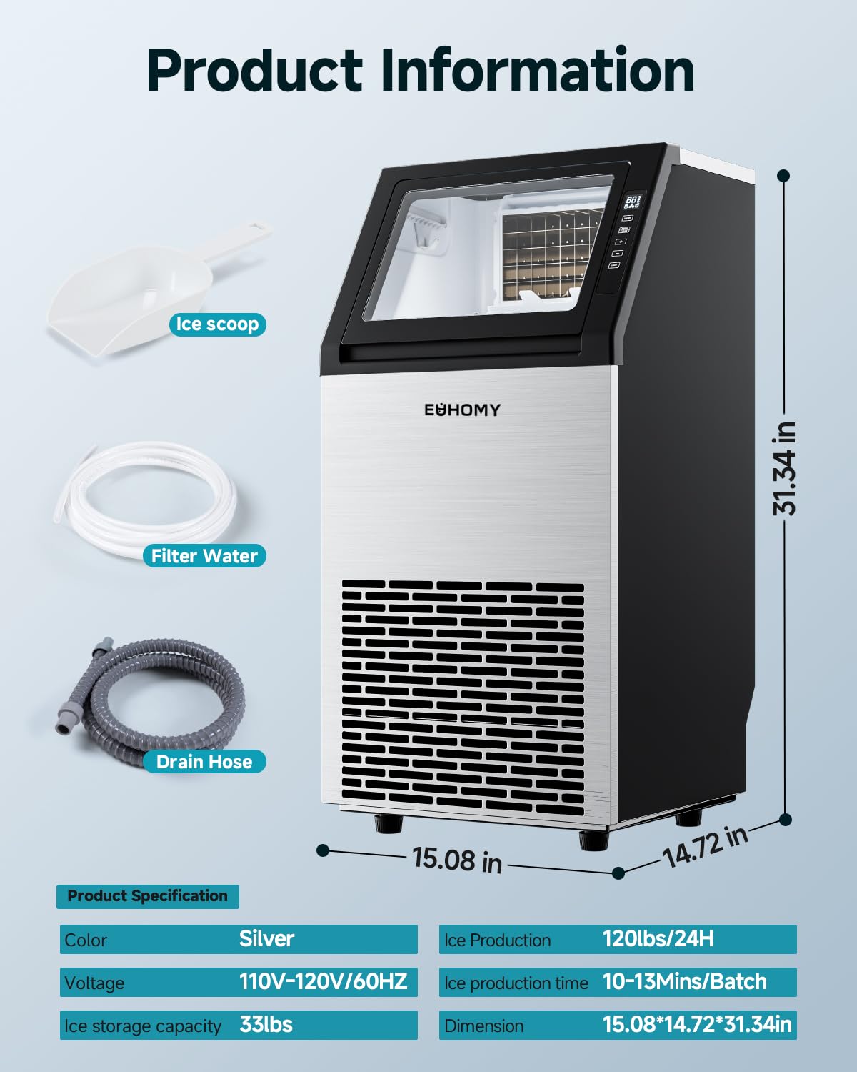 EUHOMY Commercial Ice Maker Machine,120lbs/24H Stainless Steel Under Counter Ice Machine with 33lbs Storage Bin, Freestanding Ice Maker for Home/Bar/Cafe/Restaurant