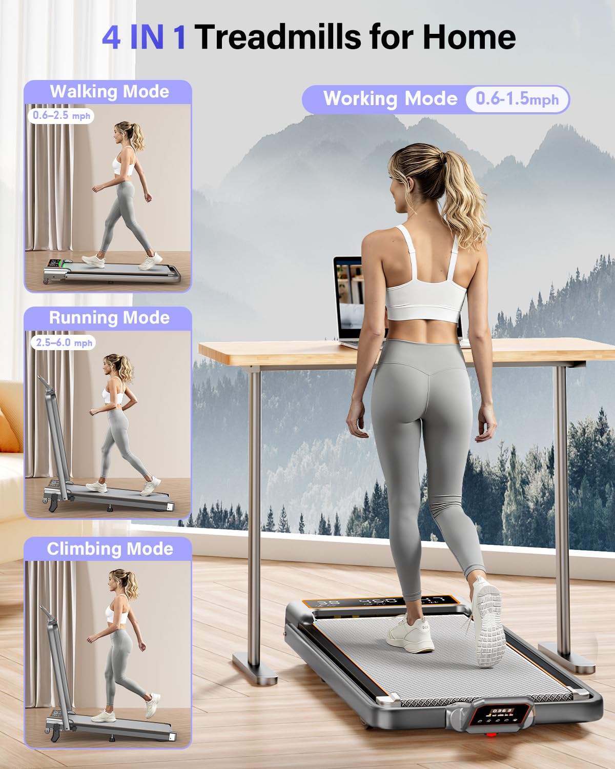 Walking Pad Treadmill with 15% Incline & Dual LED Display, 4 in 1 Walking Pad with Handle Bar, 3.5HP Foldable Under Desk Treadmill, Portable Treadmills for Home 350LBS, 4 Adjustable Incline, RGB Light