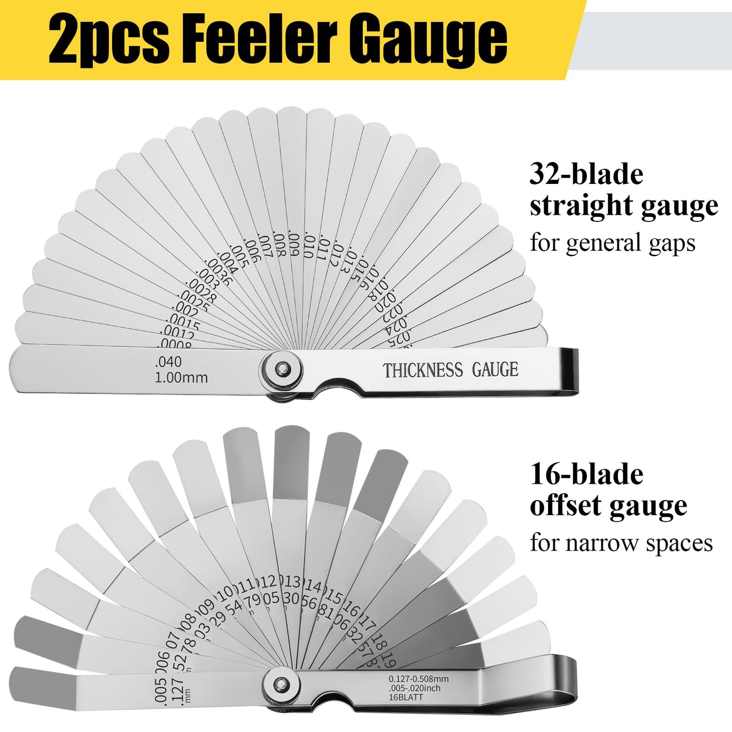 2pcs Feeler Gauges Set Stainless Steel, 32 Straight & 16 Angled Blades, Dual Marked SAE/Metric Wider Range Spark Plug Gap Tool, Filler Gauges Kit for Valves, Automotive, Piston, Guitar