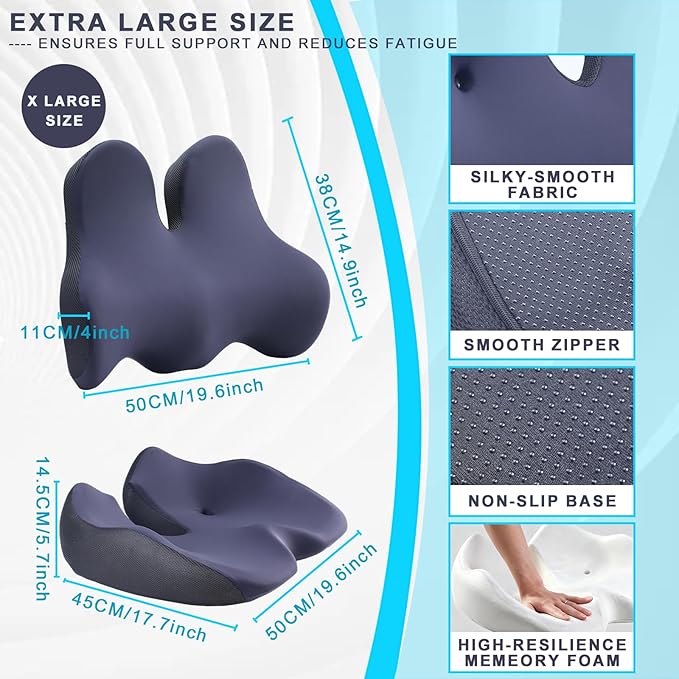 KWYBOW Large Seat Cushion & Lumbar Support Pillow Set for Car & Office Chair,Memory Foam Ergonomic Desk for Tailbone & Sciatica & Hip Pain Relief,Back Support-Black