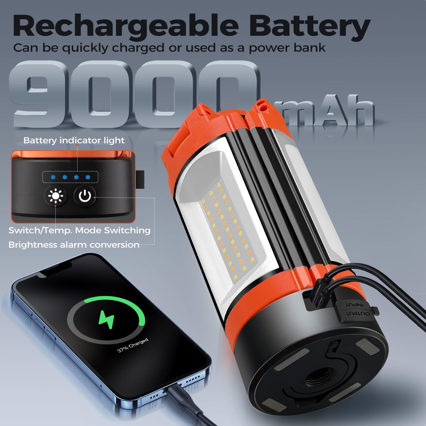 Rechargeable 12000mAh Camping Light with Adjustable Stand, Cordless Work Light with 3 LED Lamp Heads, 2200 Lumens Dimmable Magnetic Emergency Flashlight with Detachable Tripod, Orange