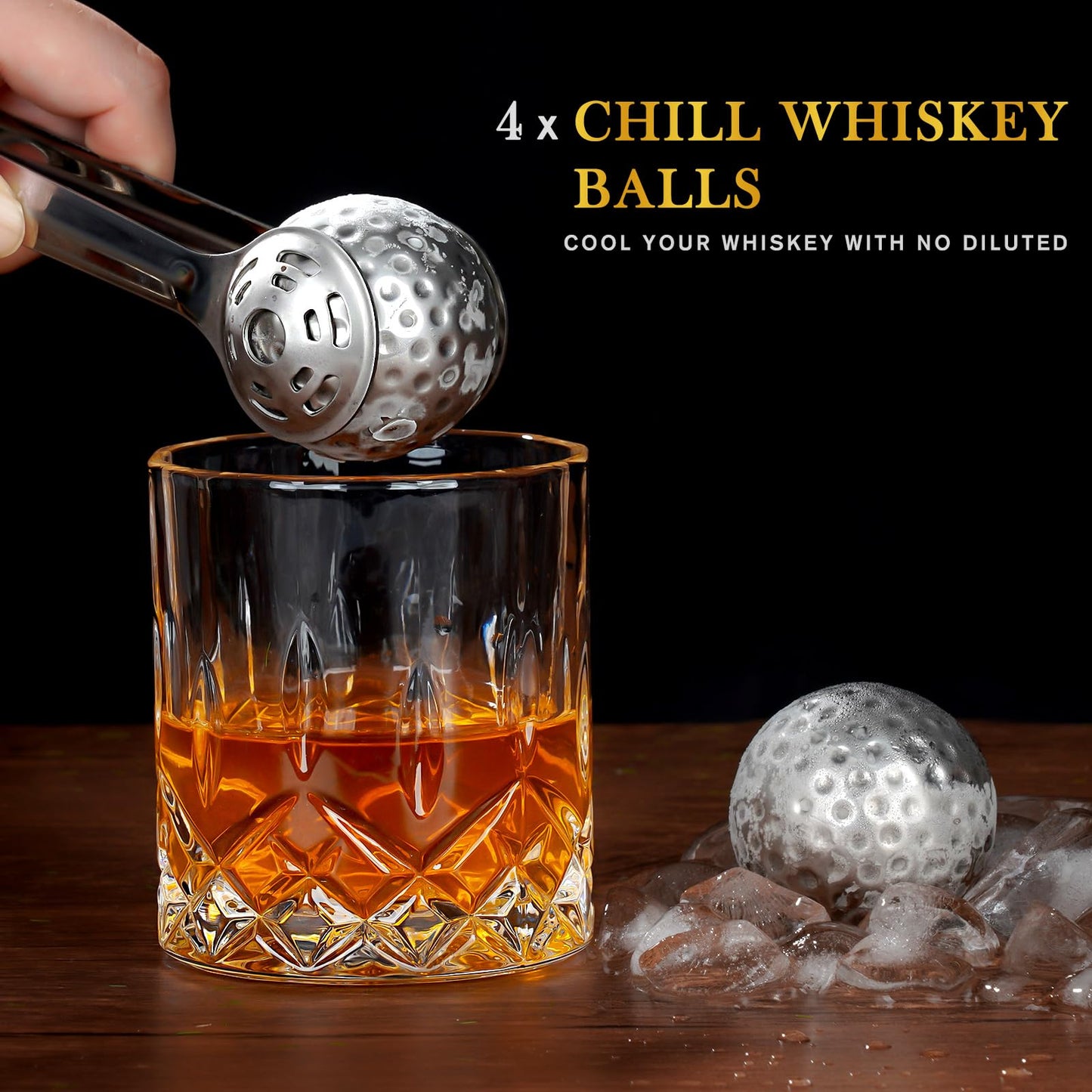 PONPUR Men's Golfer Gifts, Chirstmas Anniversary Birthday Gifts for Dad Him Husband, 4 Whiskey Golf Balls with 1 Tongs, Reusable Stainless Steel Golf Ice Balls Whiskey Gift for Golf Lover