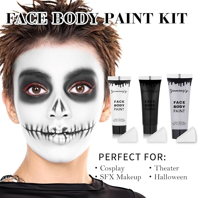 Black White Light Grey Face Body Paint 1.01 oz/pc with 3 Sponges,Gray Face Paint Kit for Clown Joker Devil Vampire Skeleton Cosplay zombie Makeup,Halloween SFX Makeup Cream Body Paint,3.03 oz