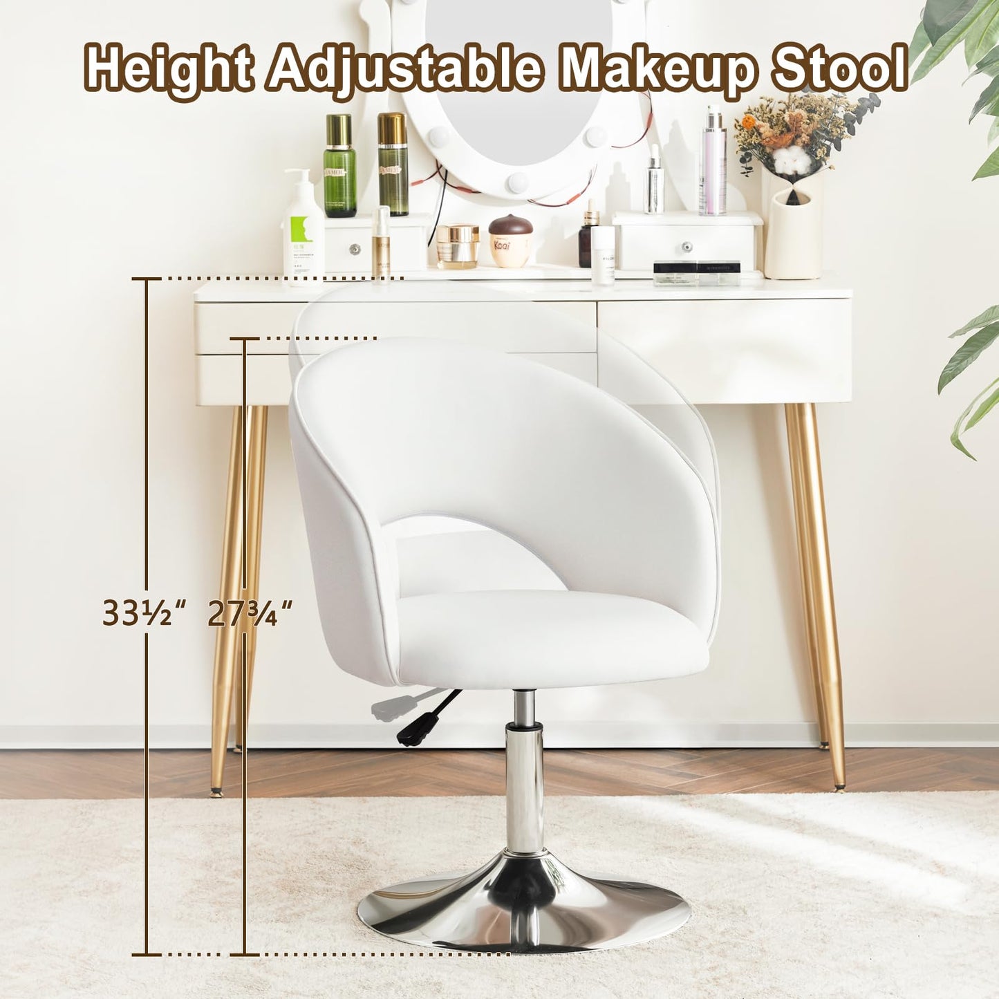 Furnimart Vanity Chair White Leather Vanity Stool, Height Adjustable Accent Chair with Back, Round Swivel Makeup Chair for Living Room Bedroom Vanity Makeup Room (PU White)