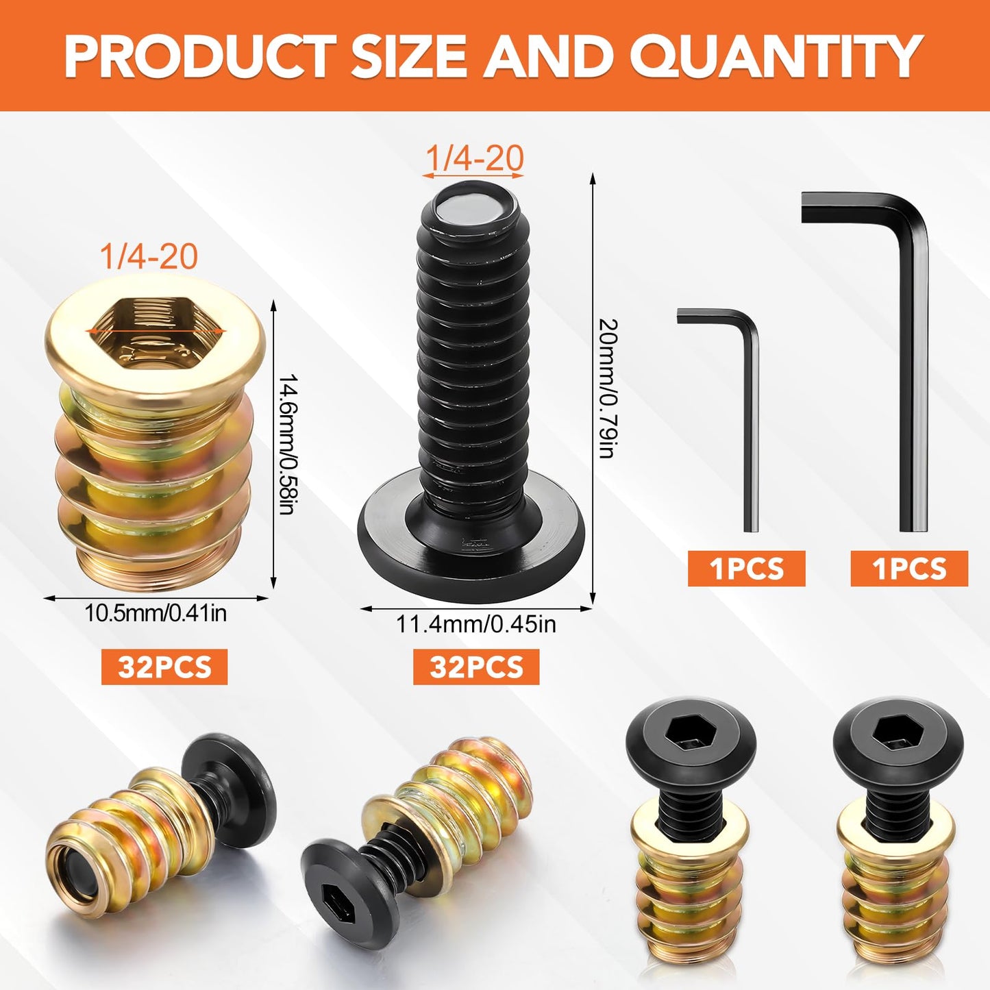 32 Sets Threaded Inserts for Wood Furniture Screws - 1/4-20 x 25/32" Inserts and Bolts - Hex Socket Drive - 1/4-20 x 19/32" Screw-in Nuts