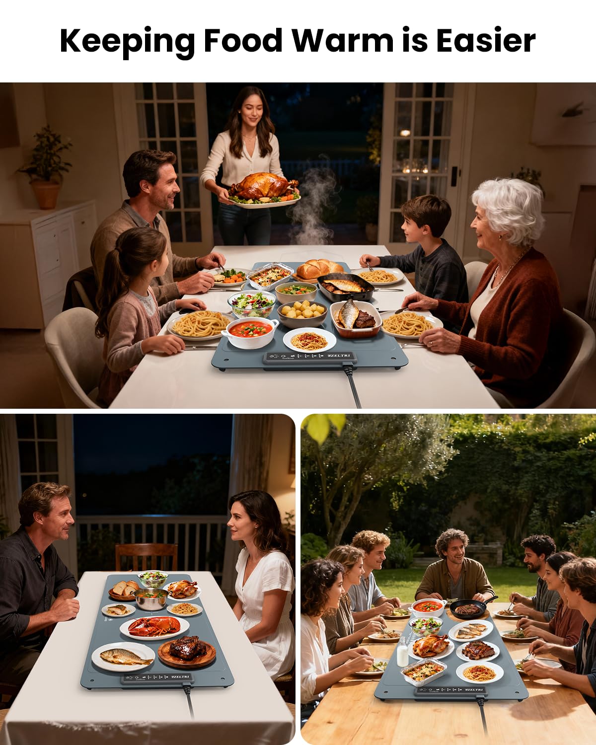 ZELTRI Food Warmer Mat Plug and Play-Extra Large 36''X16'' Rapid Full Surface Heating, 4 Level Temp, 5 Hour Timer, Child Lock, Portable Warming Mat for Family Gatherings, Parties, Outdoor Camping