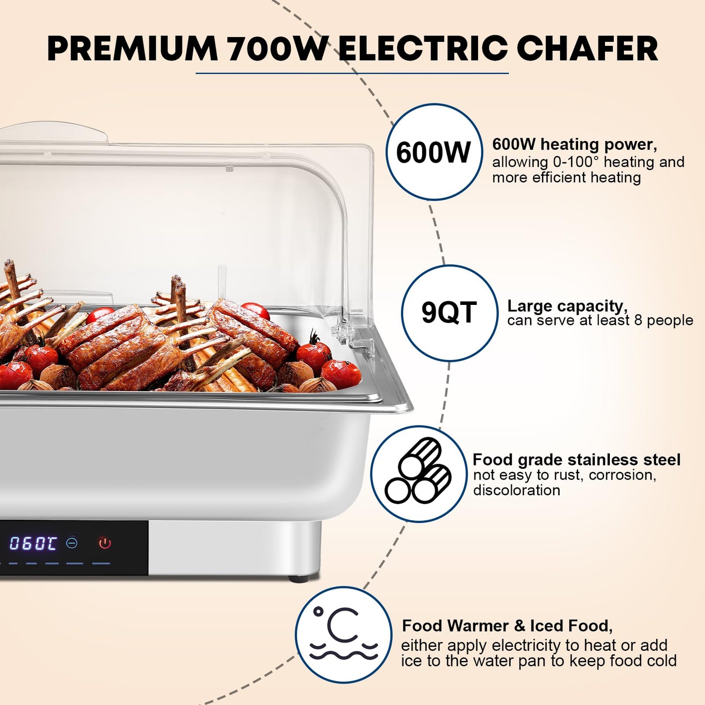 Electric Chafing Dish Buffet Server Set, Stainless Steel Full Size & Half-Size &Three-Section Food Pan with Temp Control, Roll Top Stainless Steel Food Warmers for Catering Buffet (A-02)