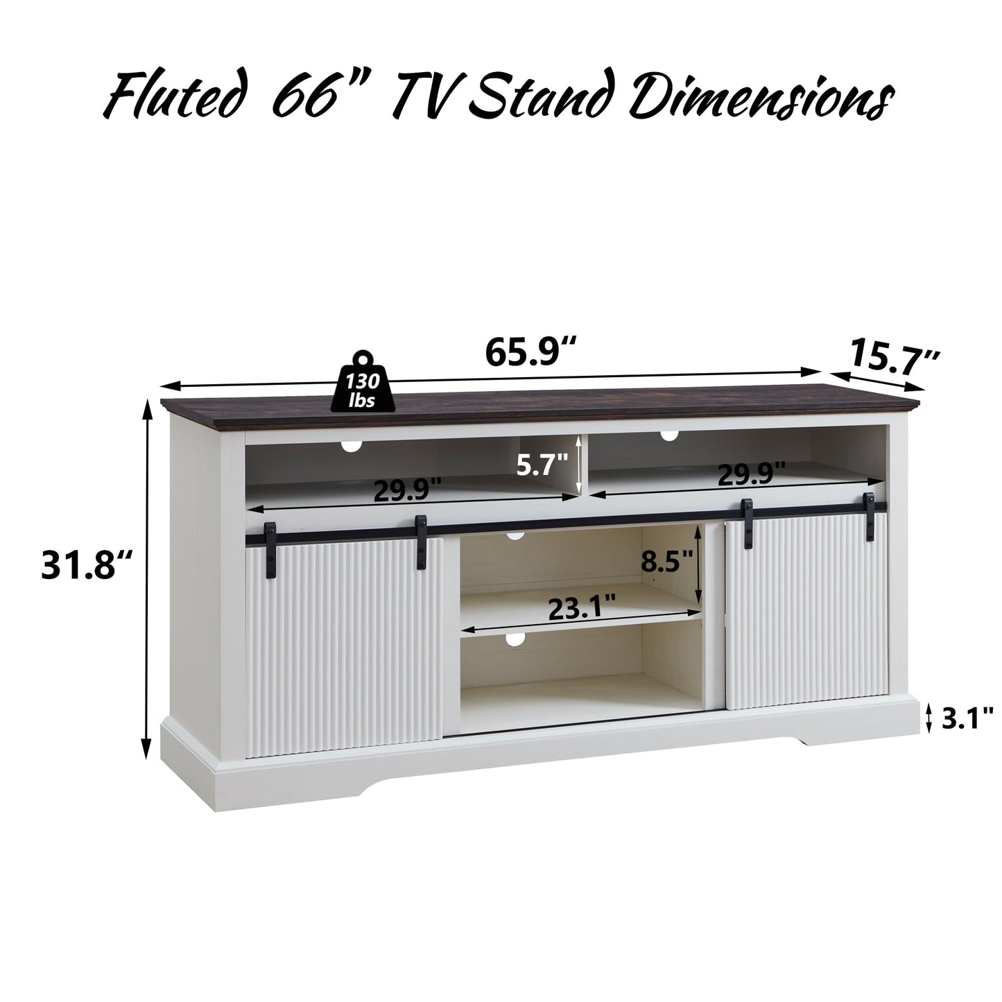 Aitjunz Fluted TV Stand for 75 Inch TVs, 32" Tall Modern Entertainment Center with Waveform Panel Sliding Door, Media Console Cabinet with Storage & Adjustable Shelf for Living Room, 66 inch (White)