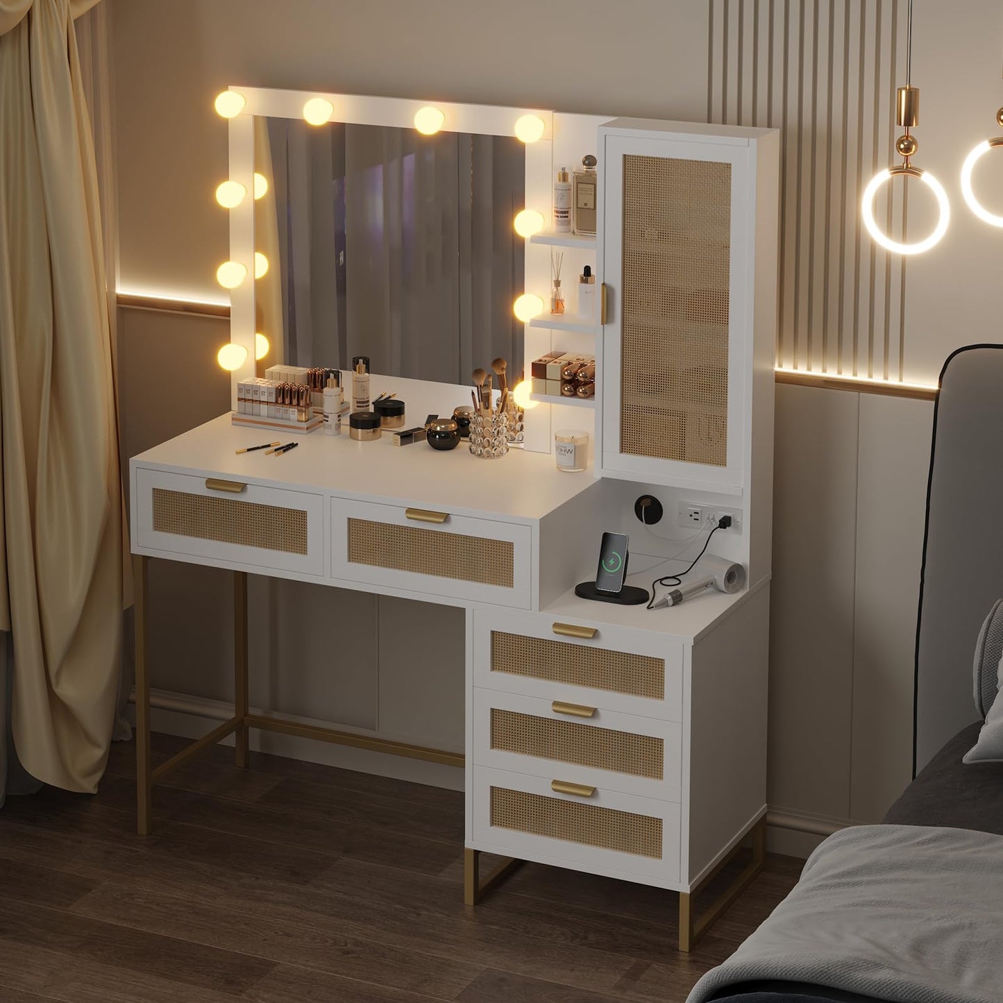 Garvee Rattan Vanity Desk with 12 LED Lights & Charging Station, Makeup Vanity Table with 5 Drawers and 8 Storage Shelves, 3 Lighting Modes Dressing Table with Power Outlet, White Gold