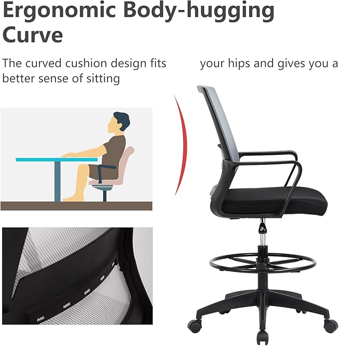 BestOffice Drafting Chair Tall Office Chair Adjustable Swivel Rolling Mesh Height with Lumbar Support Arms Footrest Mid Back for Adults Standing Desk Drafting Stool (Ashy)