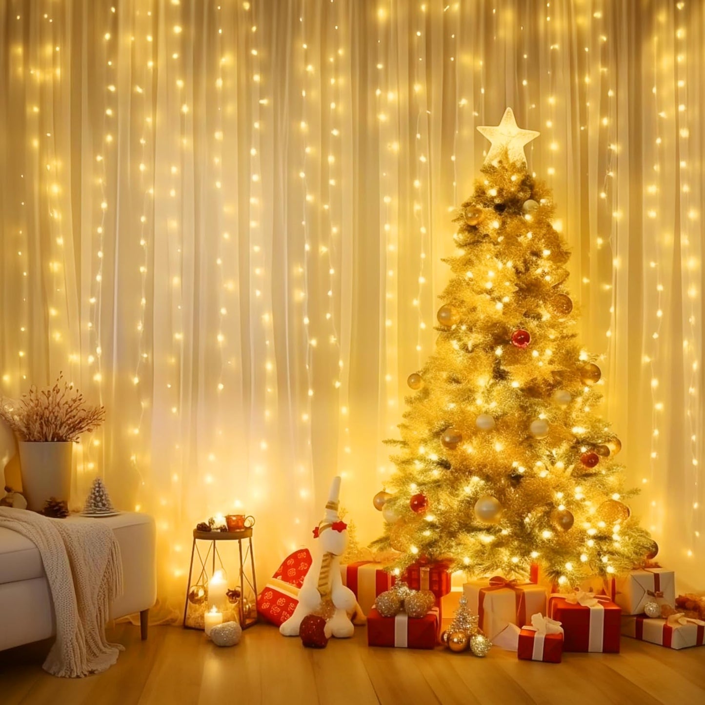 Minetom Curtain Lights, 300 LED Dimmable Fairy Lights with Remote and Timer, 8 Modes, USB Powered String Lights for Room Wall Party Xmas Indoor Decor, Warm White