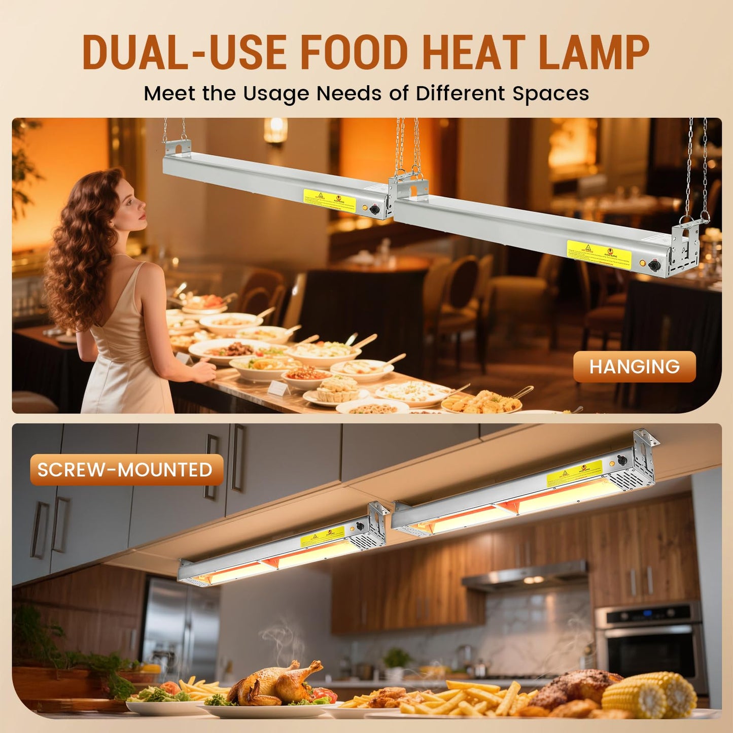 Hiteemer 36-Inch Food Heat Lamp - 1000W Commercial Food Warmer Lamp Overhead Stainless Steel Catering Heat Lamps Electric Strip Heater for Restaurant Buffet Parties Kitchen, Silver 115V