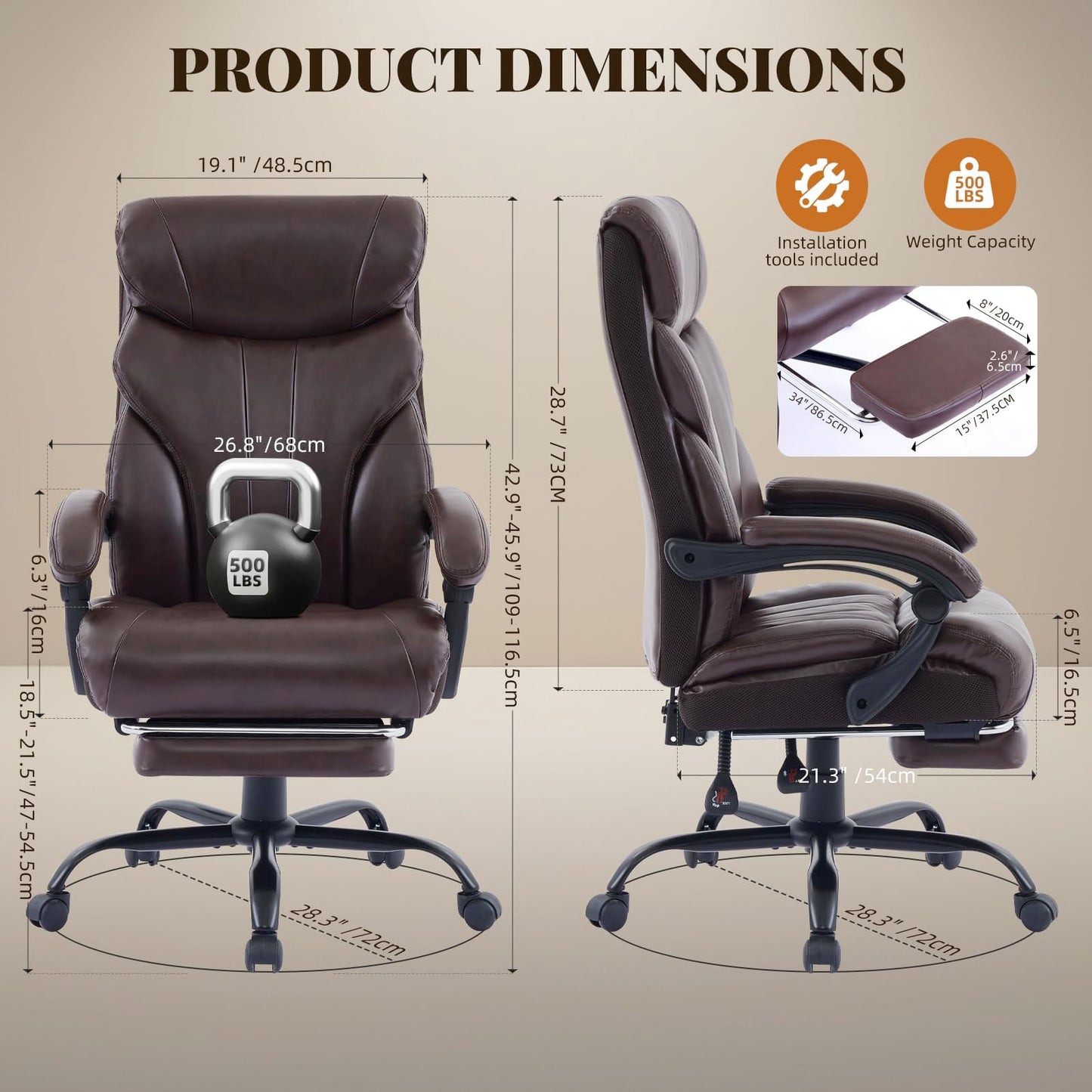 GarveeHome Big and Tall Office Chairs with Foot Rest,500LBS Wide Ergonomic Gaming Chair,90-155°Recline Executive Leather Computer Chairs with Adjustable Height,Chocolate
