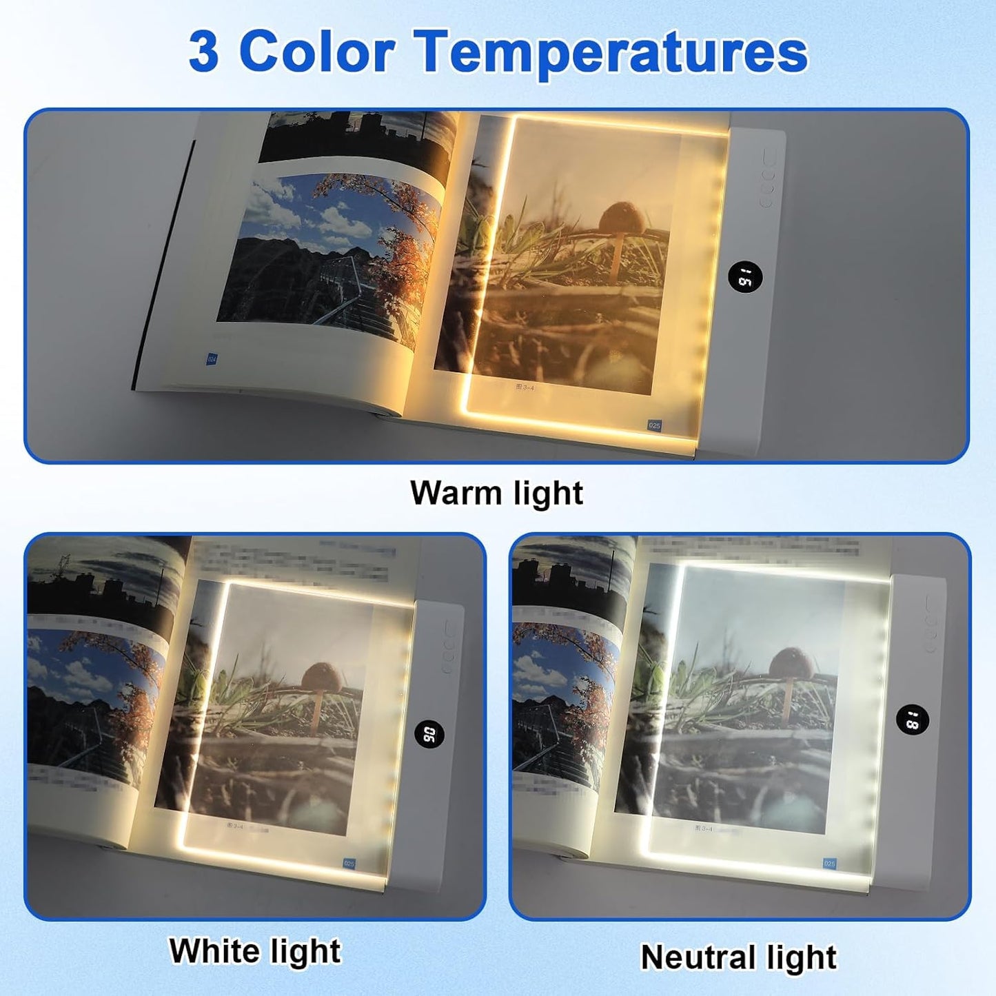 Flat Book Light, Rechargeable Clear LED Smart Reading Light with 3 Colors & Timer, Dimmable Full Page Panel Plate Lamp, Eye Protection, Portable Flat Reading Light for Bedside, Travel, Study (White)
