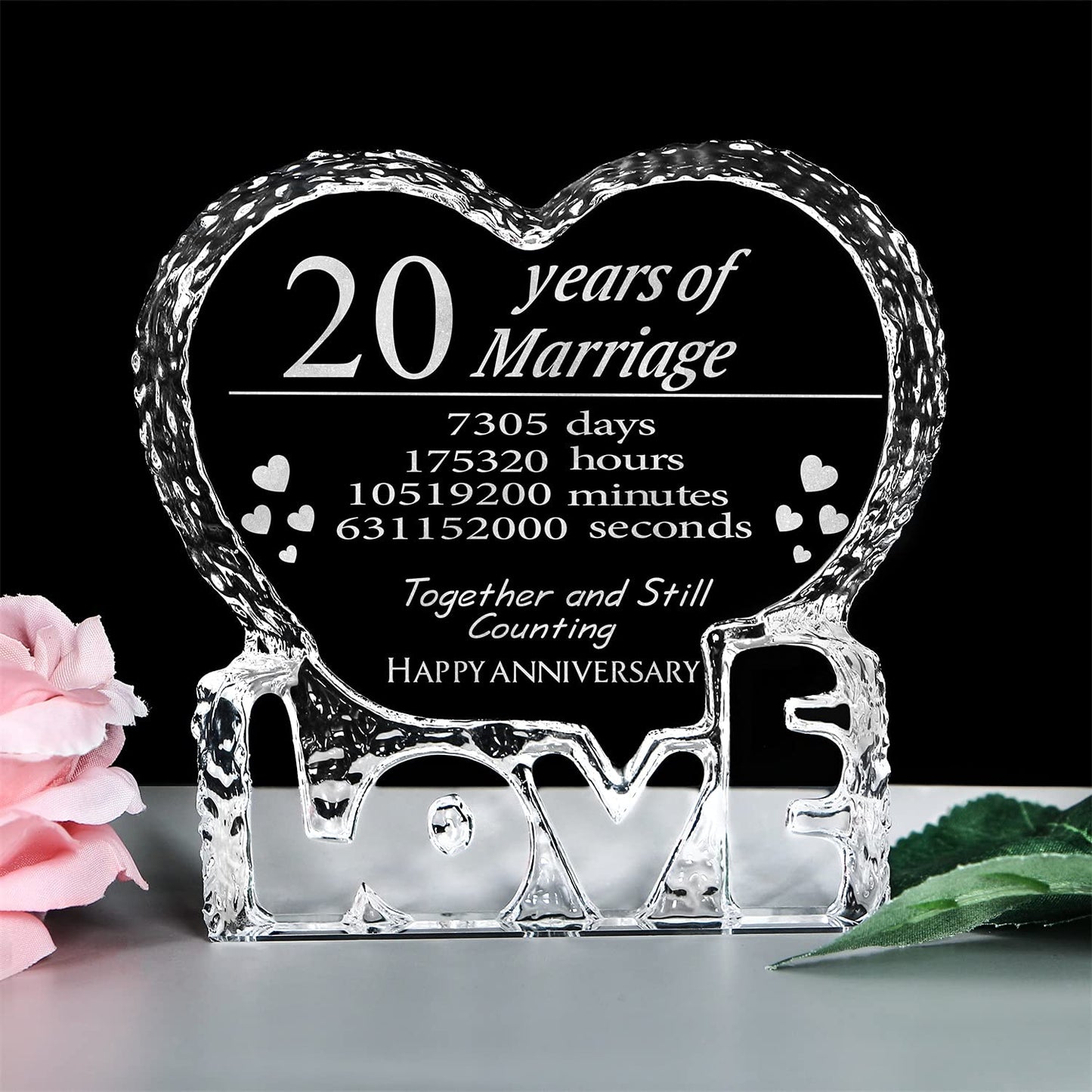 KWOOD Customized Engraved Heart-Shaped Crystal, 20 Year 20th Anniversary Wedding Gifts for Couples Wife Girlfriend Husband Boyfriend (20th Anniversary)