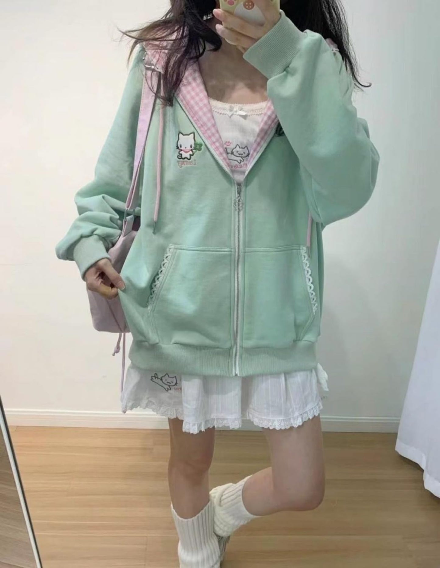 Pokn Y2K Jojifuku Cutecore Kawaii Hoodie Clothes Women Long Sleeves Tops Graphic Cutecore Shoujo Clothes (Medium,Green1)