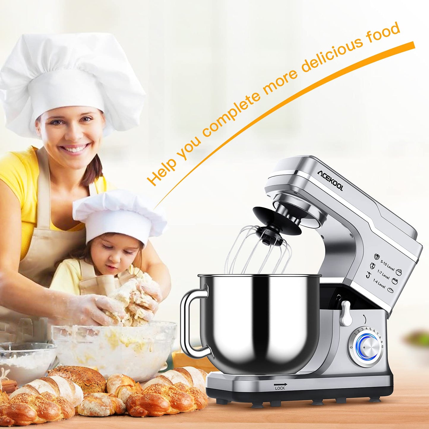 Stand Mixer 7.5QT 10-Speed 660W Tilt-Head Kitchen Electric Food Cake Mixer with Stainless Steel Bowl, Whisk, Dough Hook, Beater & Splash Guard, Silver