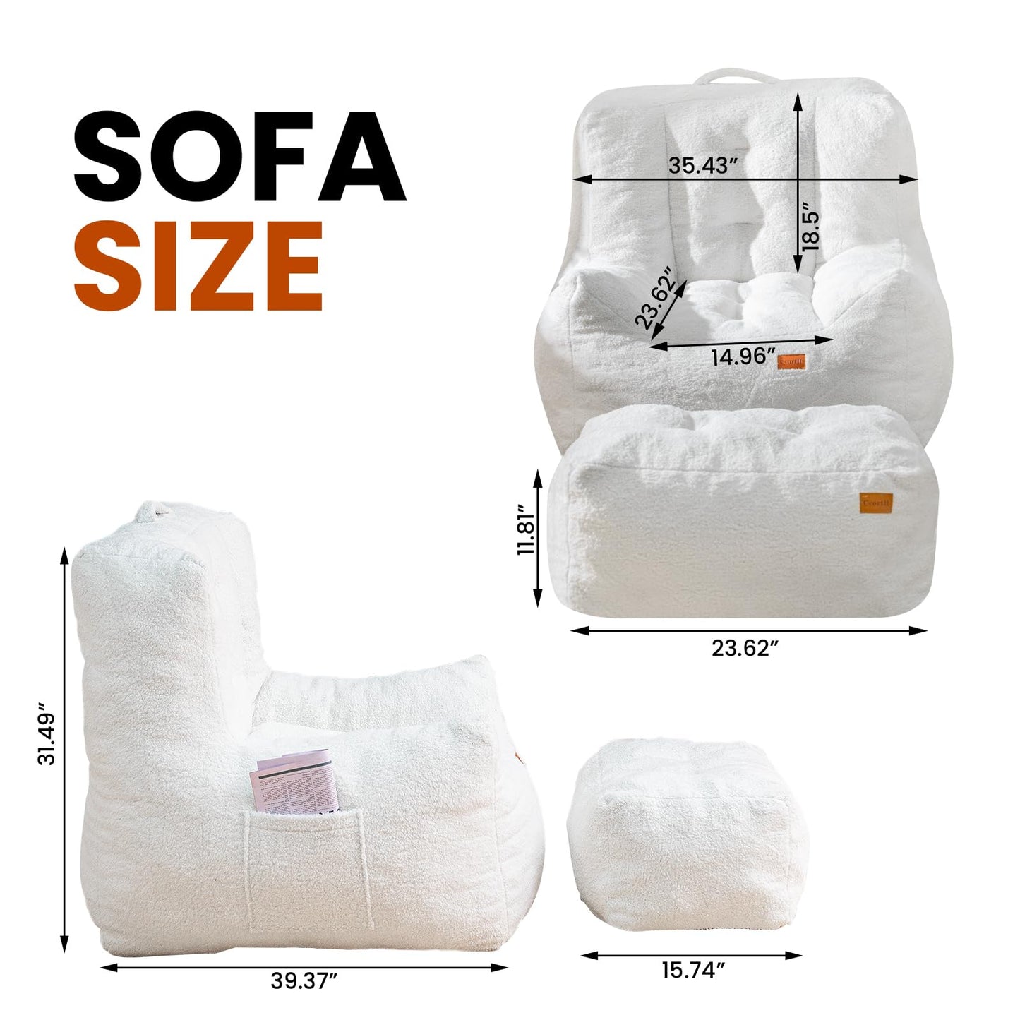 Cvortll Giant Bean Bag Chair for Adults with Ottoman, High-Density Oversized Bean Bag Sofa, Cozy Lazy Comfy Floor Sofa for Bedroom, Reading Chair for Living Room, White