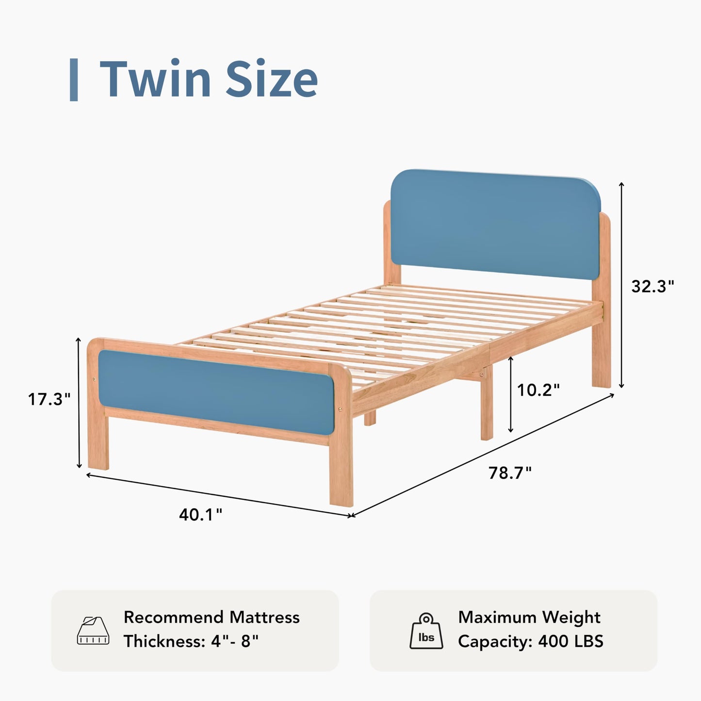 Twin Size Bed Frame, Solid Wood Platform Bed with Slats, Noise-Free and Non-Slip Design, Natural Wood with Blue Accent