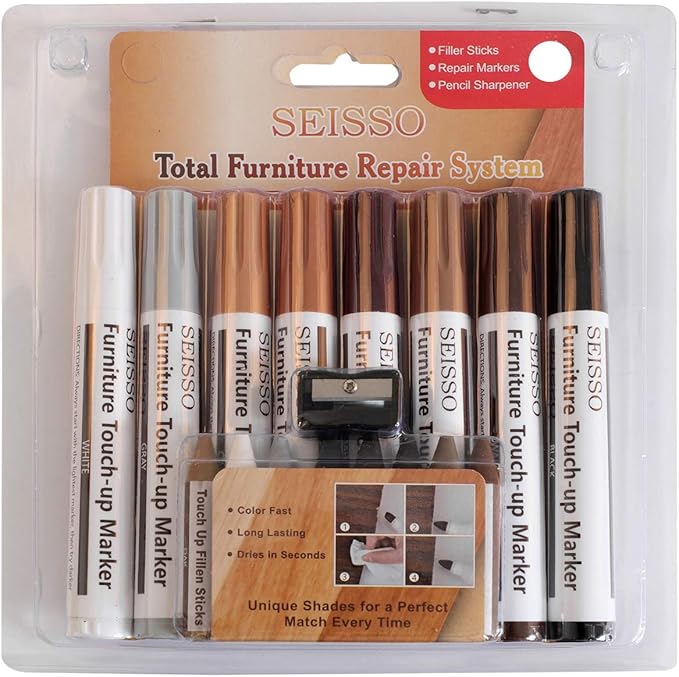 SEISSO Furniture Markers Touch Up - Set of 17 - Furniture Scratch Repair Markers Kit, Wood Touch Up Markers and Wax Sticks with Sharpener, for Scratches, Stains, Floors, Laminate, Cabinet