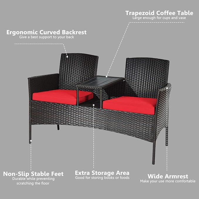 HAPPYGRILL Outdoor Loveseat Patio Rattan Wicker Conversation Set with Removable Cushions, Wicker Sofa Furniture Set with Coffee Table for Garden Lawn Backyard