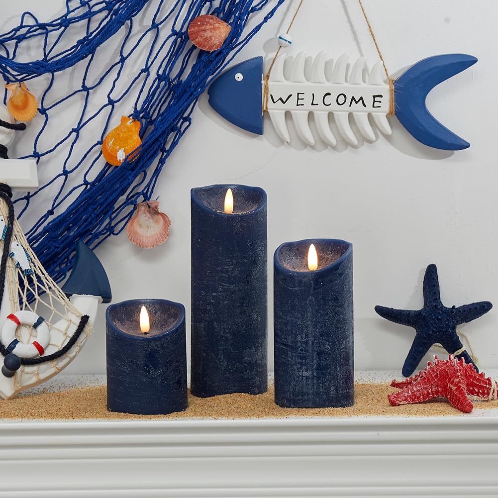 glowiu Flameless Candles with Remote LED Candles Set of 3, Battery Operated Candles for Party Home Wedding Holiday Birthday Decor (H 4" 6" 8" x D3) (Navy Blue)