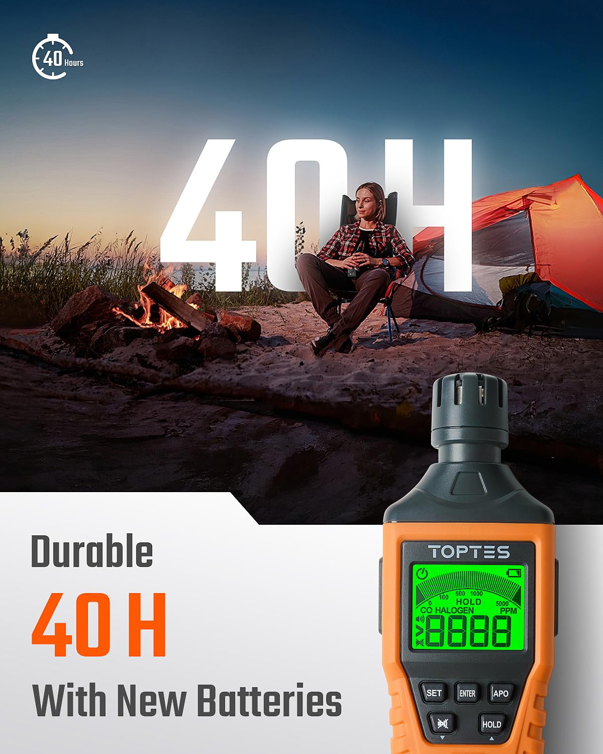 TopTes CT-300 Portable Carbon Monoxide Detector, CO Detector with Audible & Visual Alarm, 0-5000PPM, CO Alarm, Backlit LCD Screen, for Home, Car, Camping& Travel (Includes Battery x3) - Orange