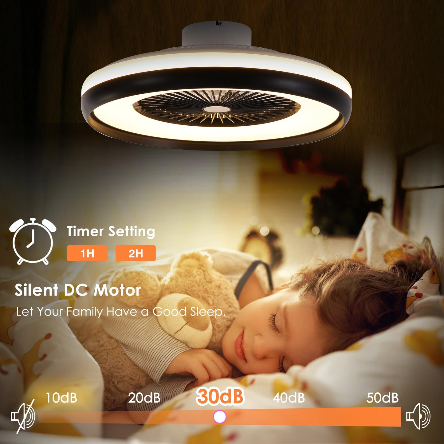 HUMHOLD 24" Bladeless Ceiling Fan with RGB Light Remote, Smart LED Ceiling Fans with Voice/App Control, Modern Low Profile Dimmable Light Ceiling Fan for Bedroom Living Room Black