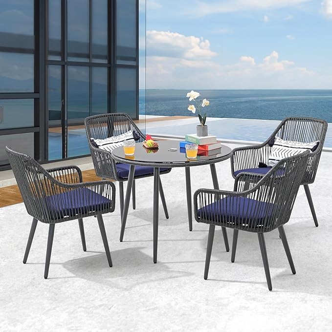 Patiorama Outdoor Dining Chairs, Patio Dining Chair Set of 2, All-Weather Woven Rope Rattan Chairs, Outdoor Dining Wicker Chair with Armrests for Indoor Balcony Pool Backyard(Blue)