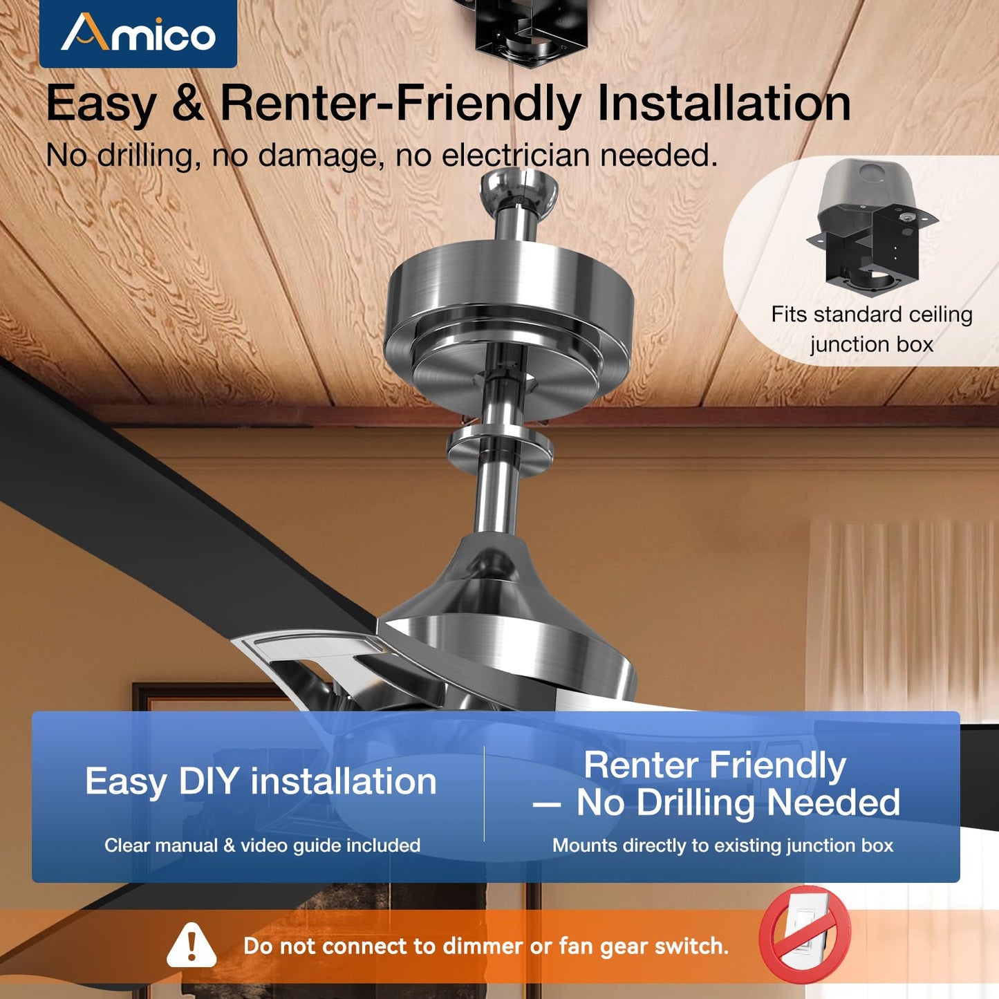 Amico 52 inch Ceiling Fans with Lights, Ceiling Fan with Light and Remote Control, Dimmable, 3CCT, Quiet, Nickel Modern Ceiling fan For Living Room, Bedroom, Farmhouse, Kitchen