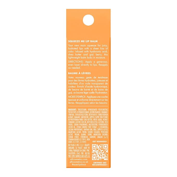 e.l.f. Squeeze Me Lip Balm, Moisturizing Lip Balm For A Sheer Tint Of Color, Infused With Hyaluronic Acid, Vegan & Cruelty-free, Peach