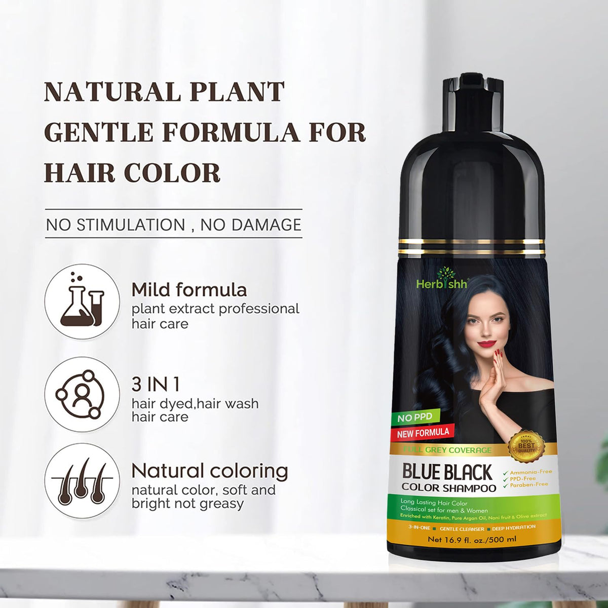 Herbishh Hair Color Shampoo - Magic Long-Lasting Hair Dye for Gray Hair Coloring in Minutes - 500 Ml - 3-In-1 Ammonia-Free Formu