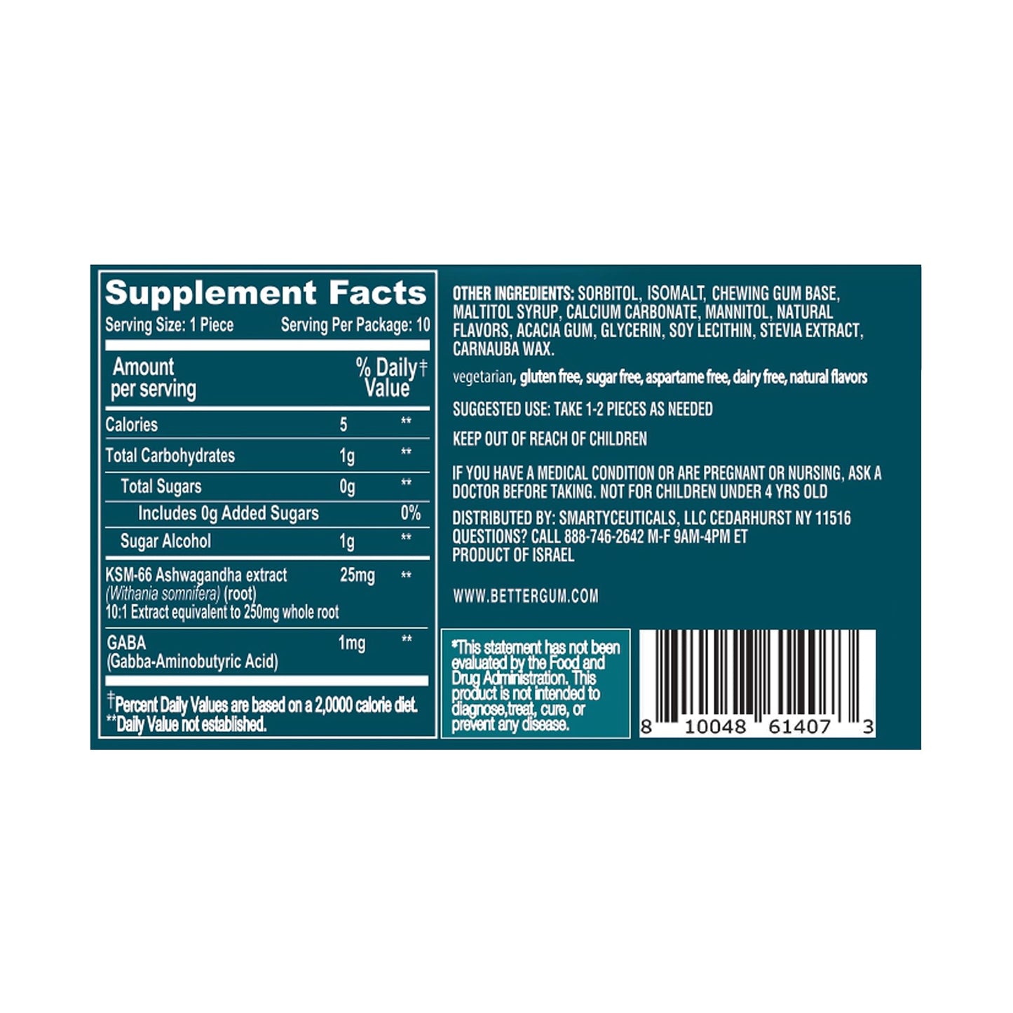 AshwaGum RELAX Gum by BetterGum, High Potency Supplement with KSM 66 Ashwagandha and Gaba, Supports Stress and Anxiety Relief, Cortisol Support, Alternative to Gummies, Sugar-Free, 10 Pieces - 6 Pack