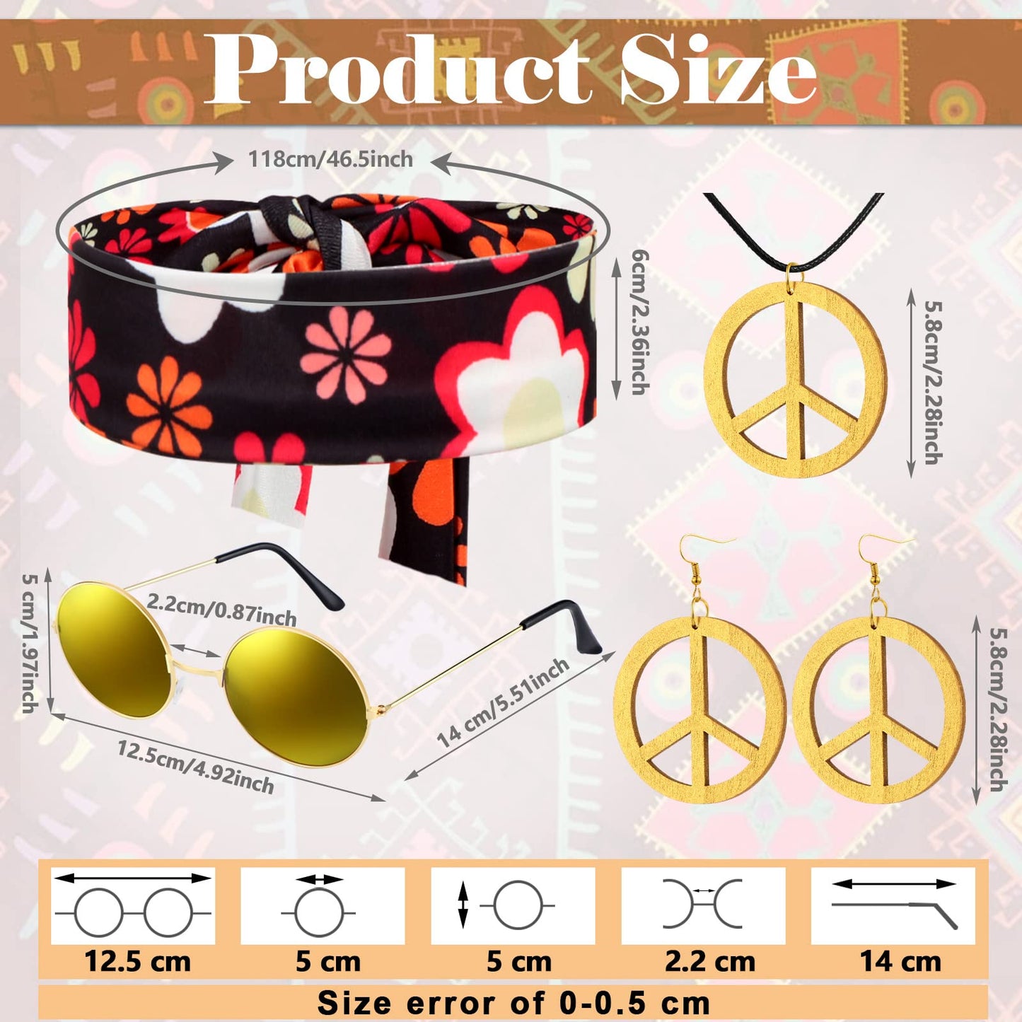 Haull 7 Pcs 60s 70s Outfits for Women Hippie Costume Set Boho Flared Pants Fringe Vest Peace Sign Accessories Set (Flower,XX-Large)