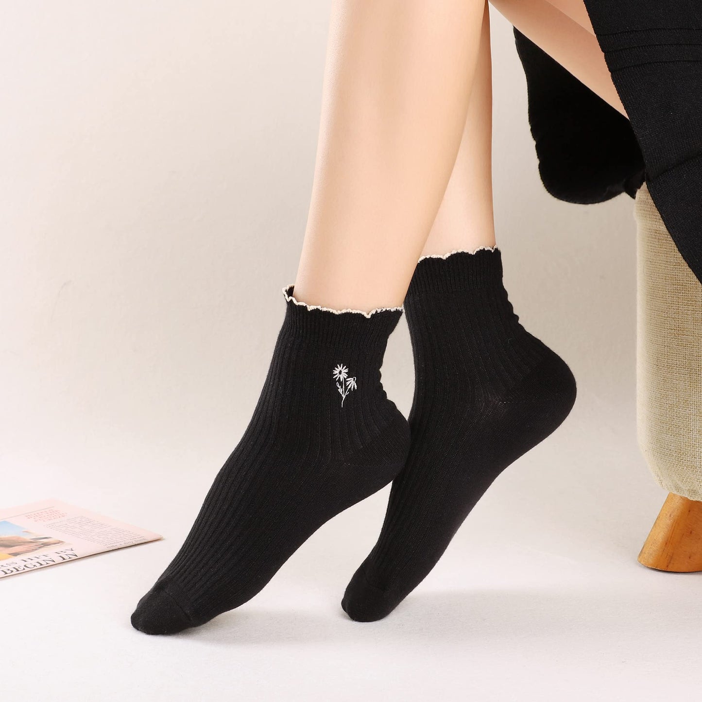Mcool Mary Women's Ruffle Socks,Casual Cute Flower Embroidered Ankle Breathable Cotton Knit Lettuce Crew Frilly Socks for Women 6 Pack